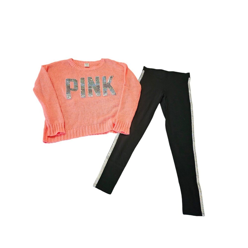 Victoria's Secret Coral Sweater and Black Leggings w/Sequins